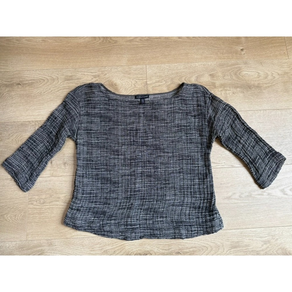 EUC Eileen Fisher Gray 3/4 Sleeve Boxy Blouse LINEN blend gray black size XS
